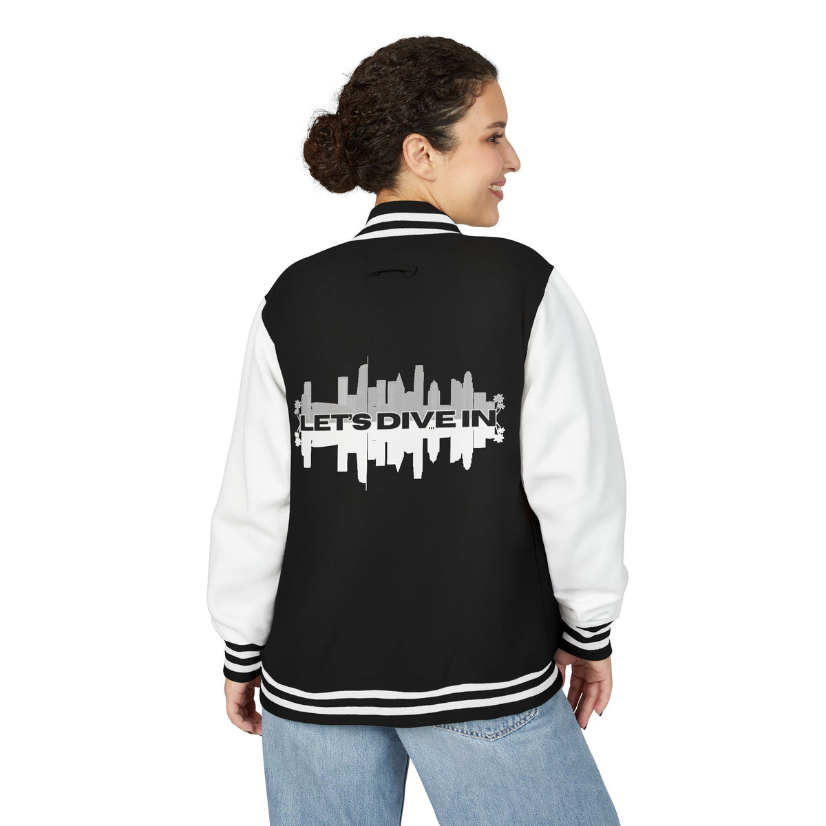 "Let's Dive In" LA Skyline Varsity Jacket Jet Black / Arctic White by Tyler Neale Shop