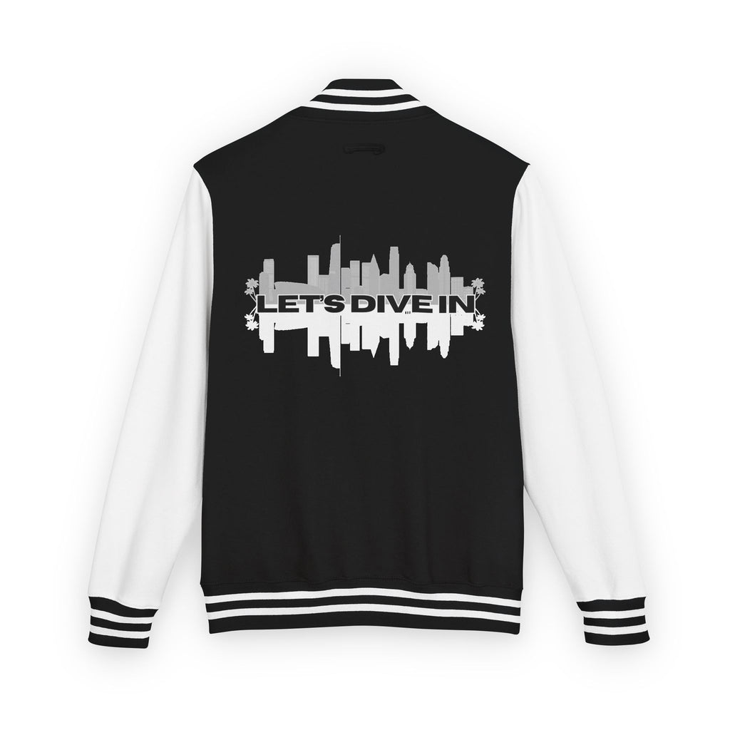"Let's Dive In" LA Skyline Varsity Jacket Jet Black / Arctic White by Tyler Neale Shop