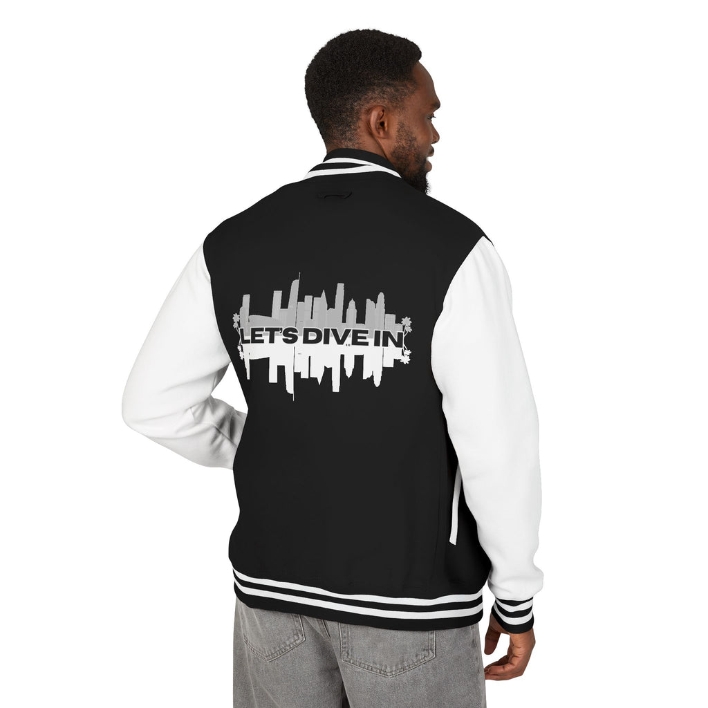 "Let's Dive In" LA Skyline Varsity Jacket Jet Black / Arctic White by Tyler Neale Shop