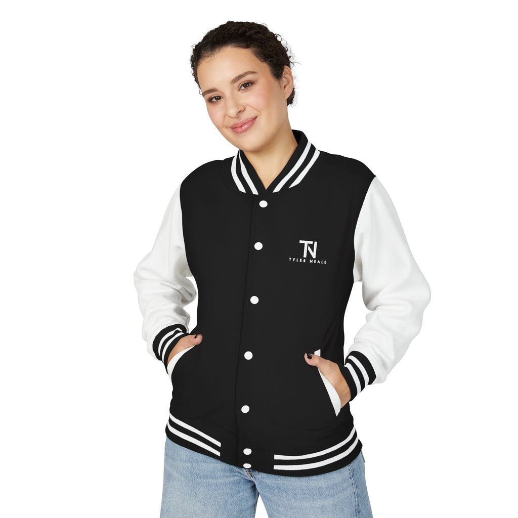 "Let's Dive In" LA Skyline Varsity Jacket Jet Black / Arctic White by Tyler Neale Shop