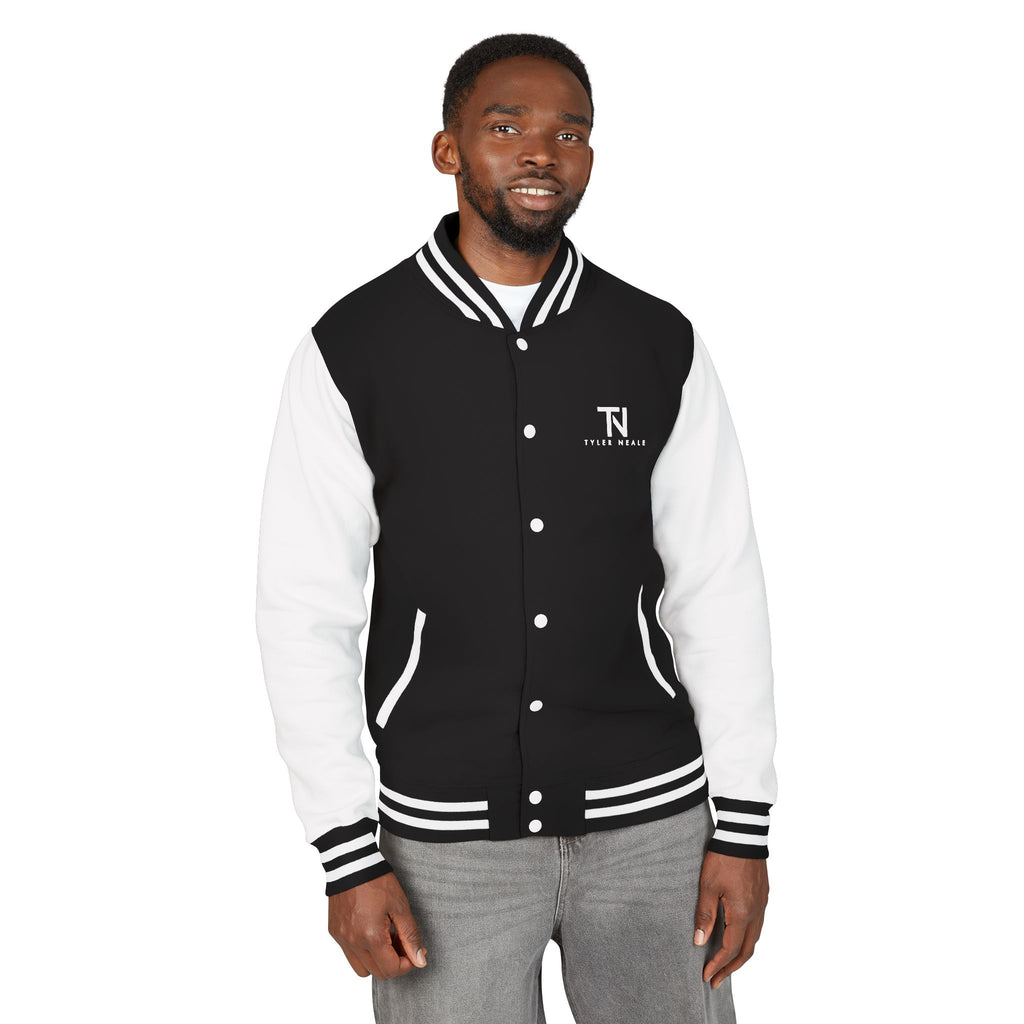 "Let's Dive In" LA Skyline Varsity Jacket Jet Black / Arctic White by Tyler Neale Shop
