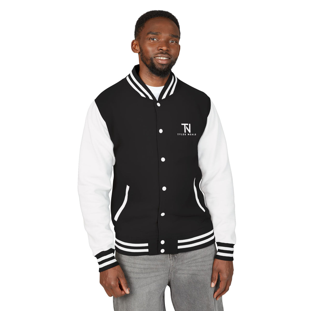 "Let's Dive In" LA Skyline Varsity Jacket Jet Black / Arctic White by Tyler Neale Shop